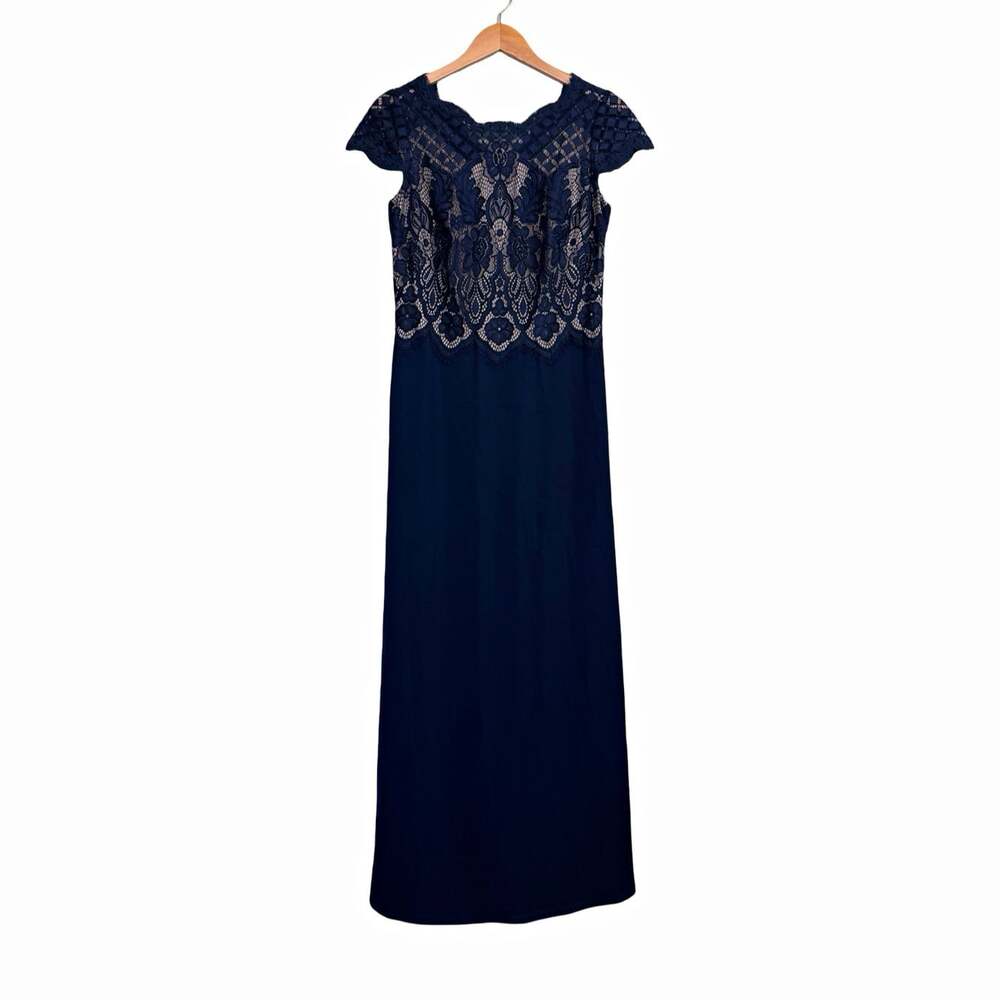 Tadashi Shoji Blue Floral Lace V-Neck Cap Sleeve Long Gown Zip Size 12
